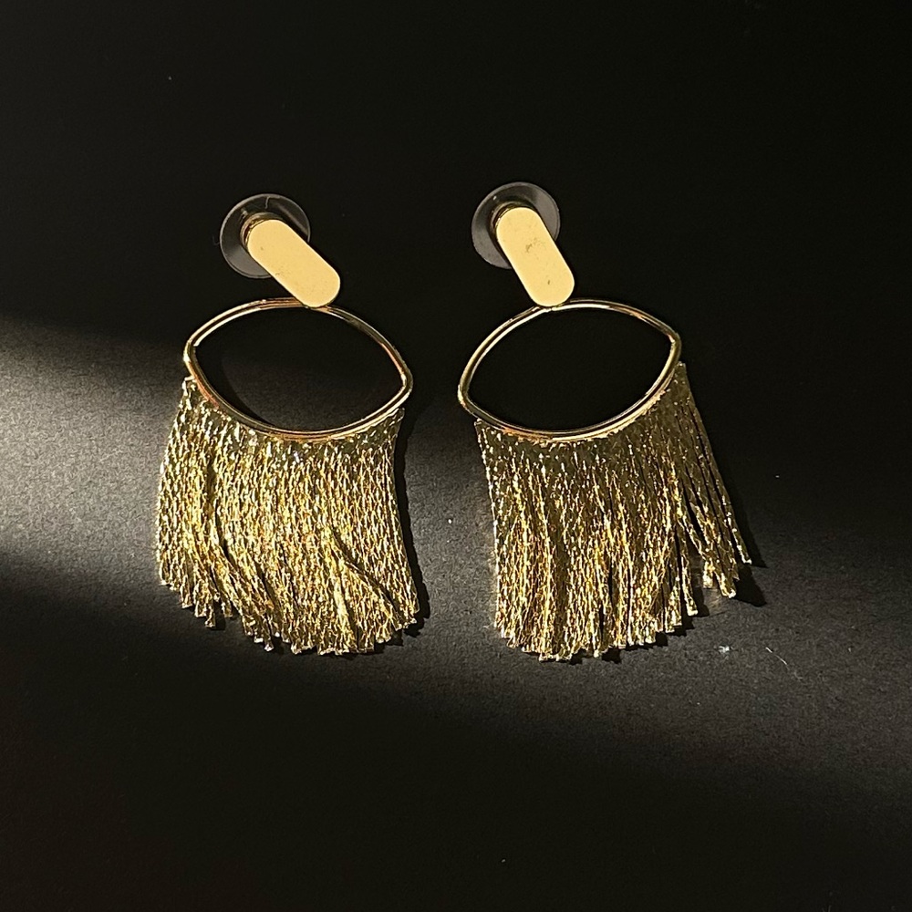 Women's Real Gold-Plated Oval Tassel Earrings Silver Needle Posts Elegant Dangle